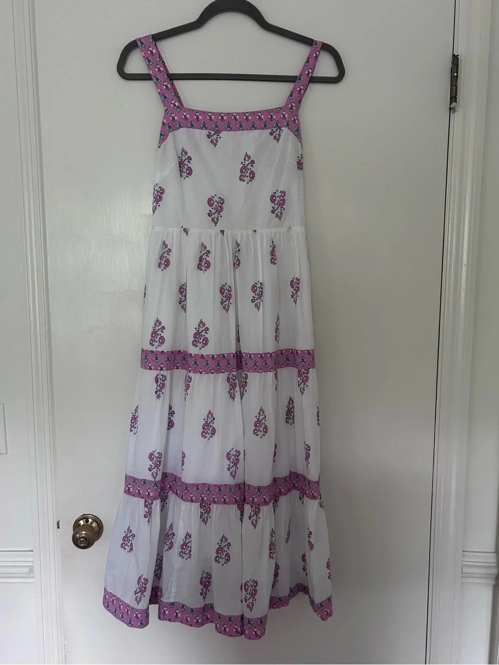 J Crew - White Maxi Sundress with Pink Floral Trim